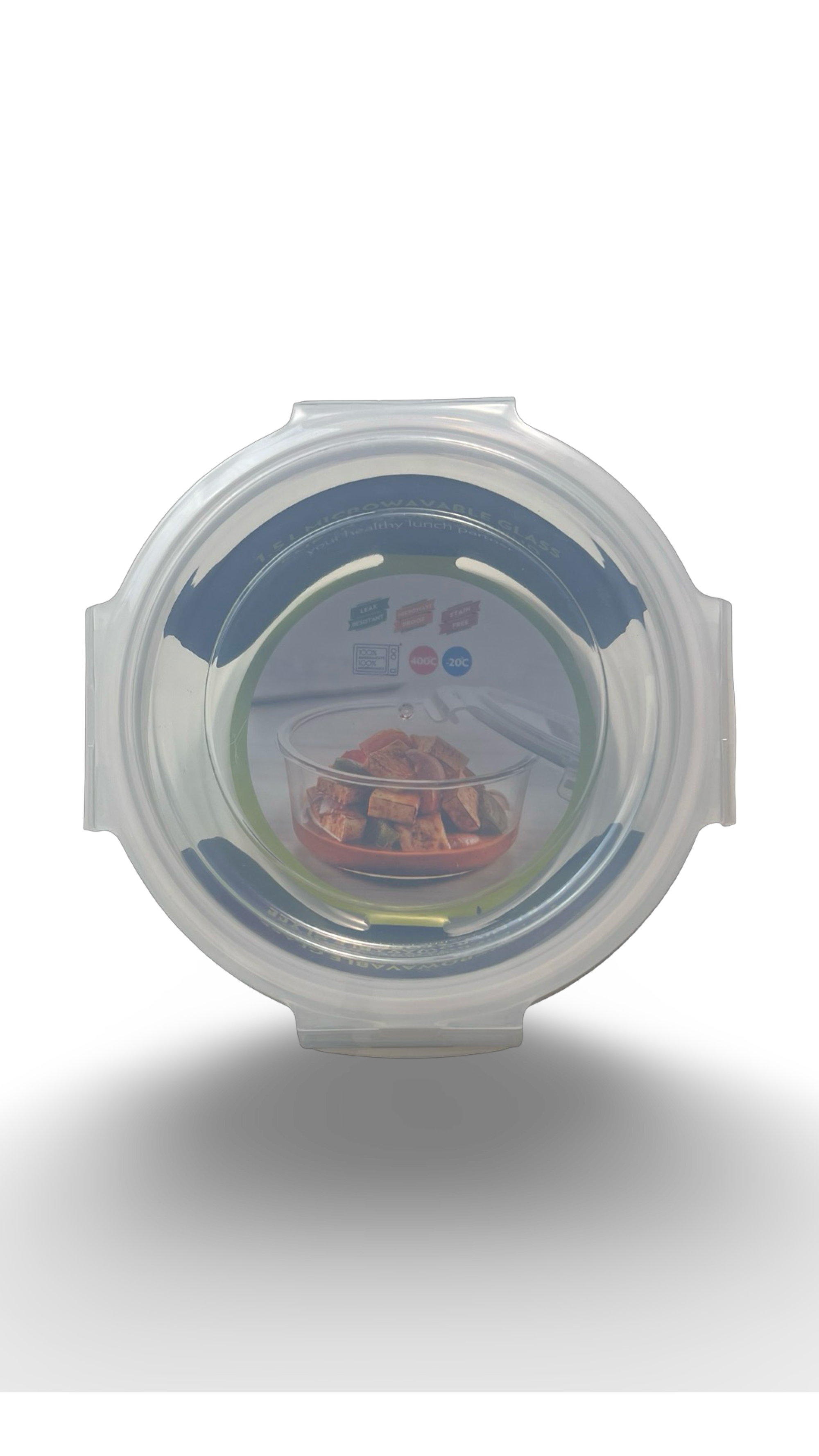 Caserolă rotundă termorezistentă din sticlă cu capac de plastic 1.5L