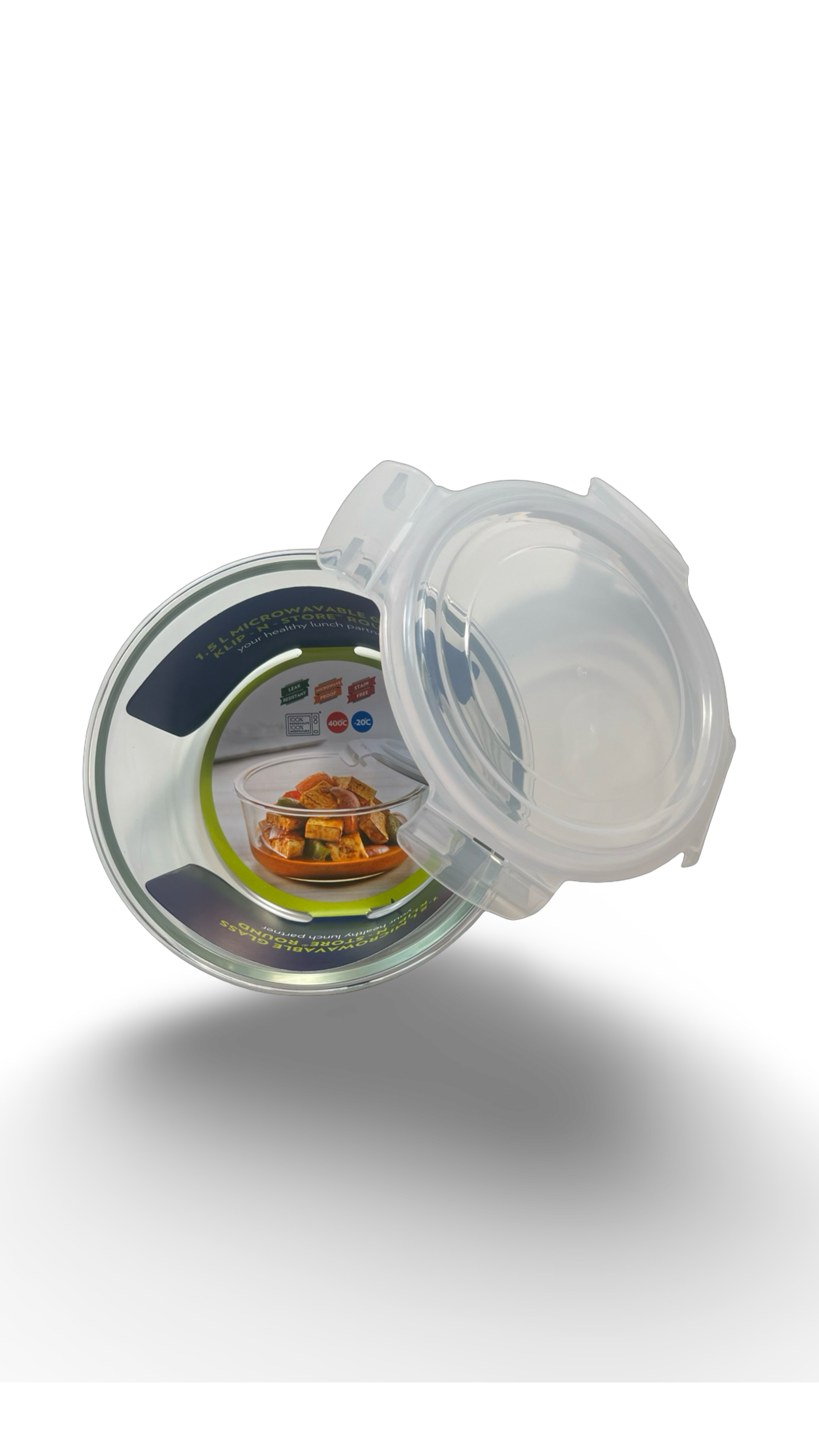 Caserolă rotundă termorezistentă din sticlă cu capac de plastic 1.5L