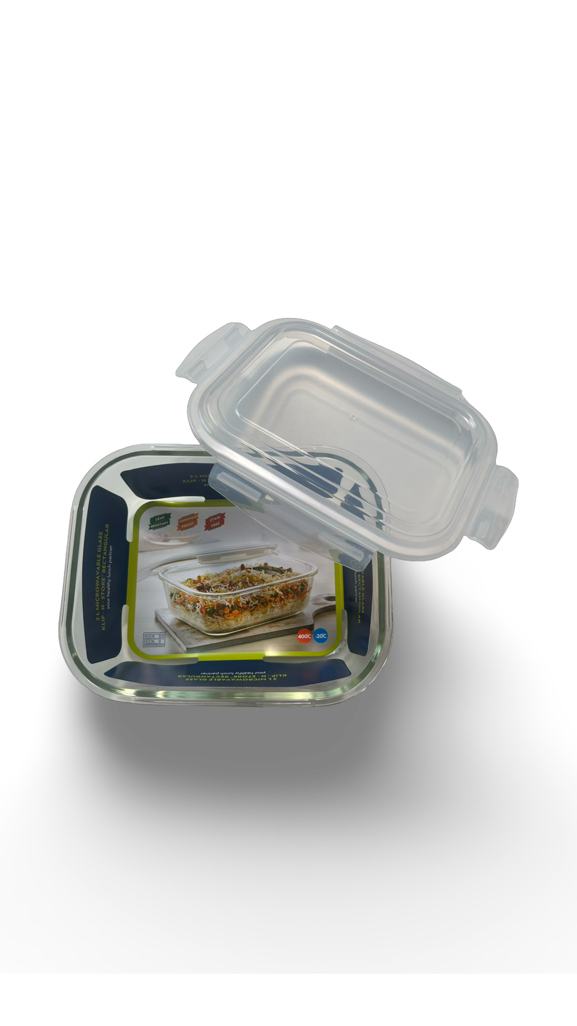 Caserolă patrată termorezistentă din sticlă cu capac de plastic 2L