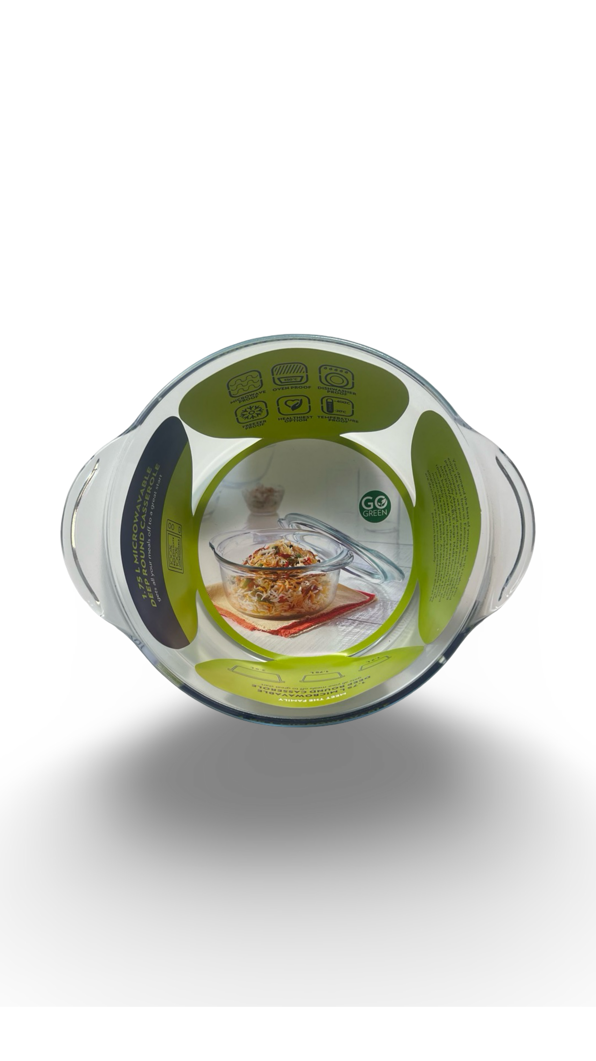 Caserolă rotundă adâncă termorezistentă din sticlă cu capac de sticlă 1.75L