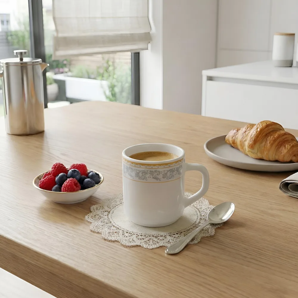 Cană din opal 32 cl Veselo Lisa cu motive gri-albăstrui și aurii