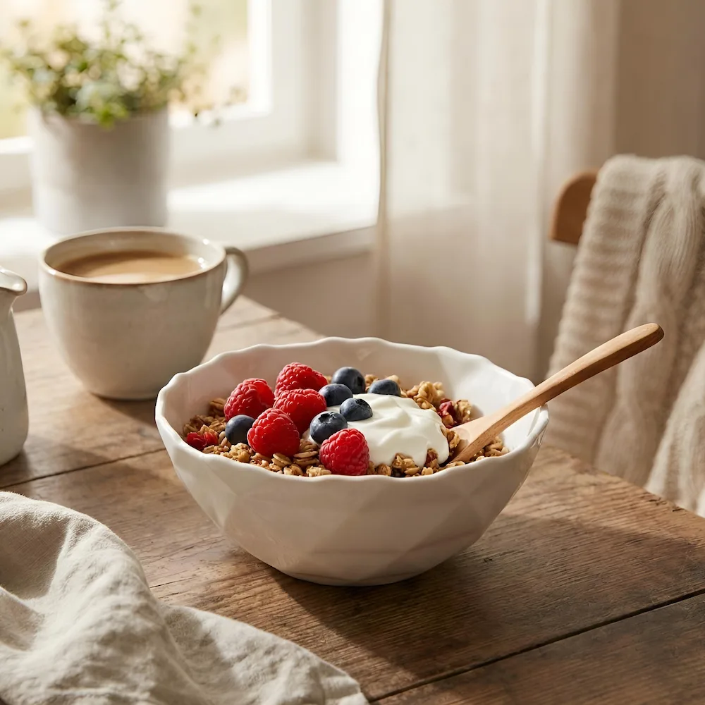 Gustări sau cereale servite în bolul de opal Veselo Hexa 14 cm