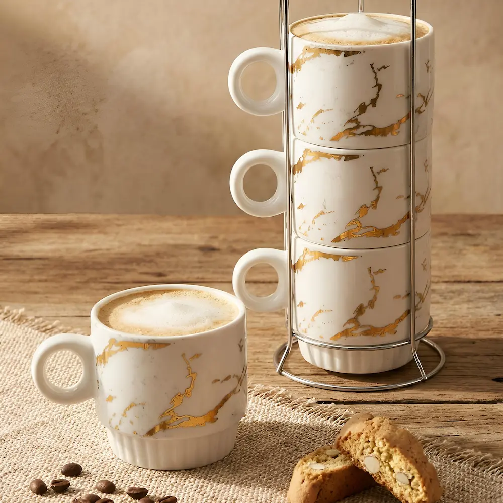 Set 4 cești din ceramică design alb marmurat cu auriu Veselo Marble Gold