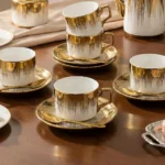 Set 12 piese cafea din ceramică albă cu margini aurii Veselo Royal Gold