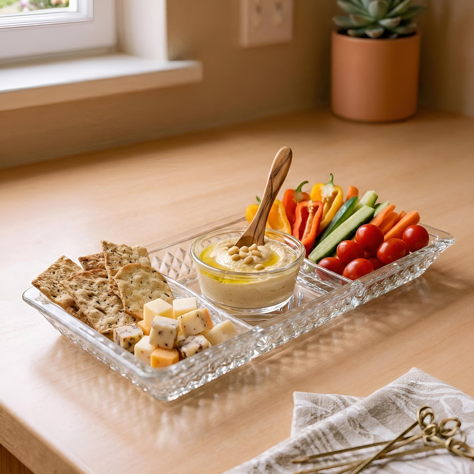 Platou compartimentat din sticlă groasă transparentă Veselo pentru servire