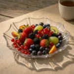 Fructieră plată din sticlă utilizată ca piesă centrală de decor pe masă