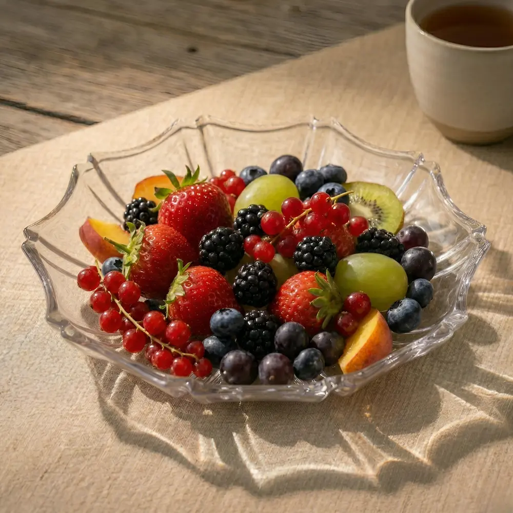 Fructieră plată din sticlă utilizată ca piesă centrală de decor pe masă