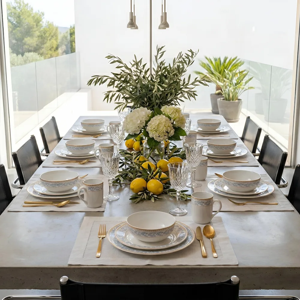 Detaliu motive gri-albăstrui și accente aurii pe farfurie din opal alb Lisa