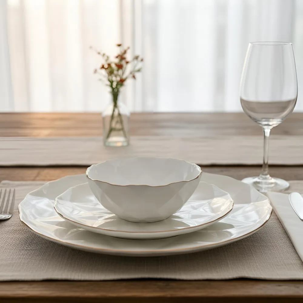 Detaliu fin cu margine aurie aplicată pe farfurie hexagonală din opal alb