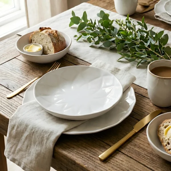 Detaliu margini hexagonale farfurie din opal alb minimalist Veselo Hexa