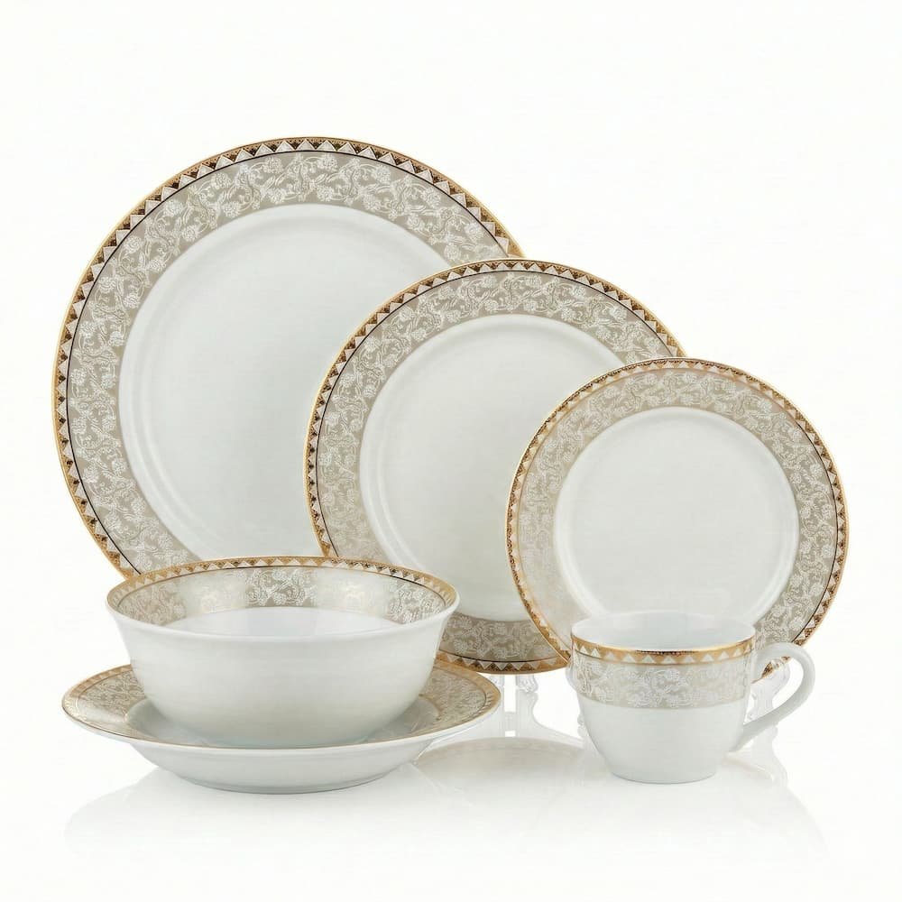 Cele 6 tipuri de piese incluse în setul de porțelan Mardin: farfurii mari, mici, adânci, desert, bol și ceașcă